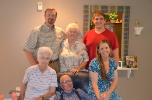 Front Row: Greg's Aunt Kathryn and Uncle John, Cousin Kathy. Back Row: Greg, cousin Eleanor, Kathy's son, Justin